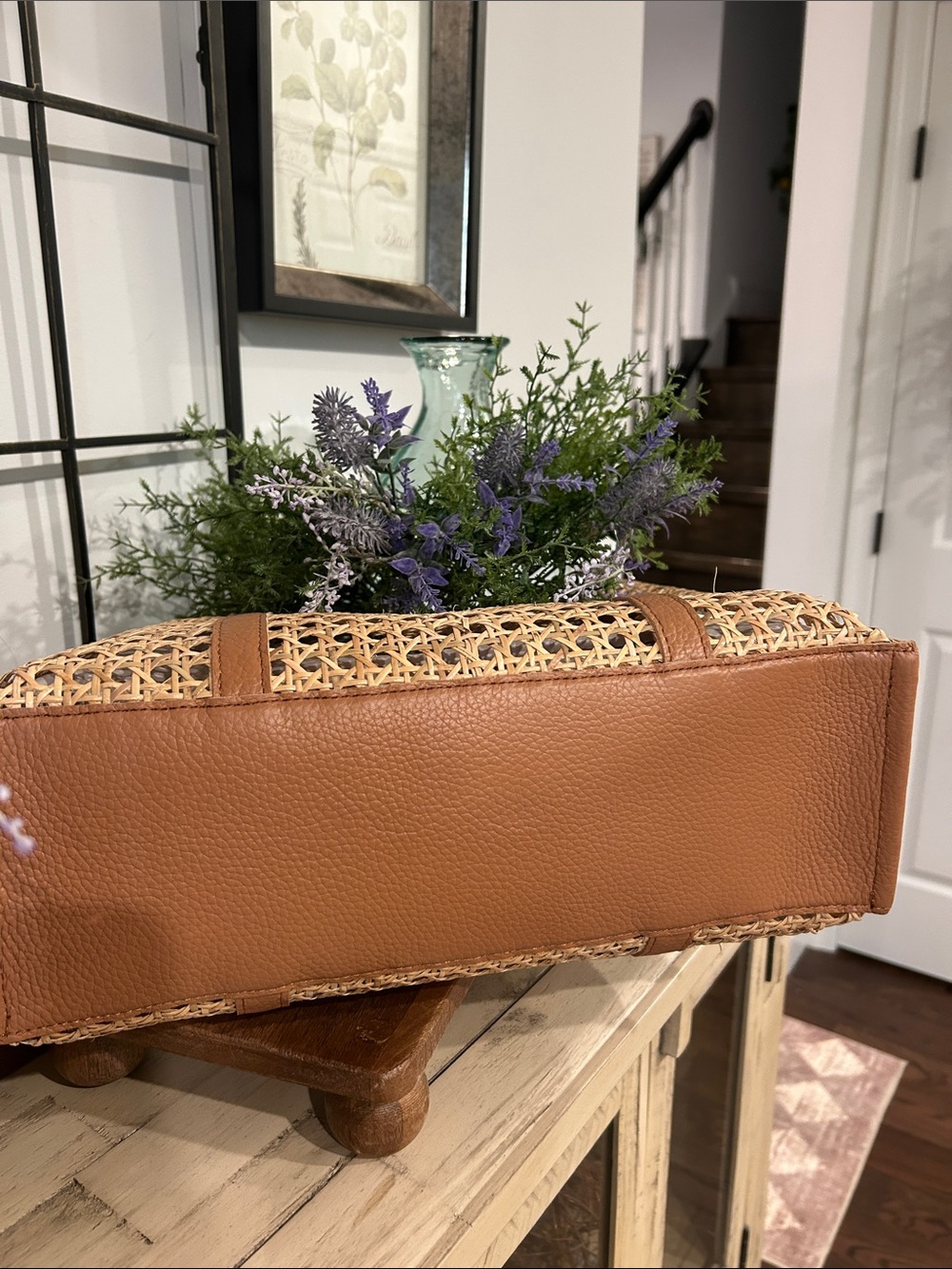 Woven Rattan Tote with Brown Trim - Picture 3 of 7
